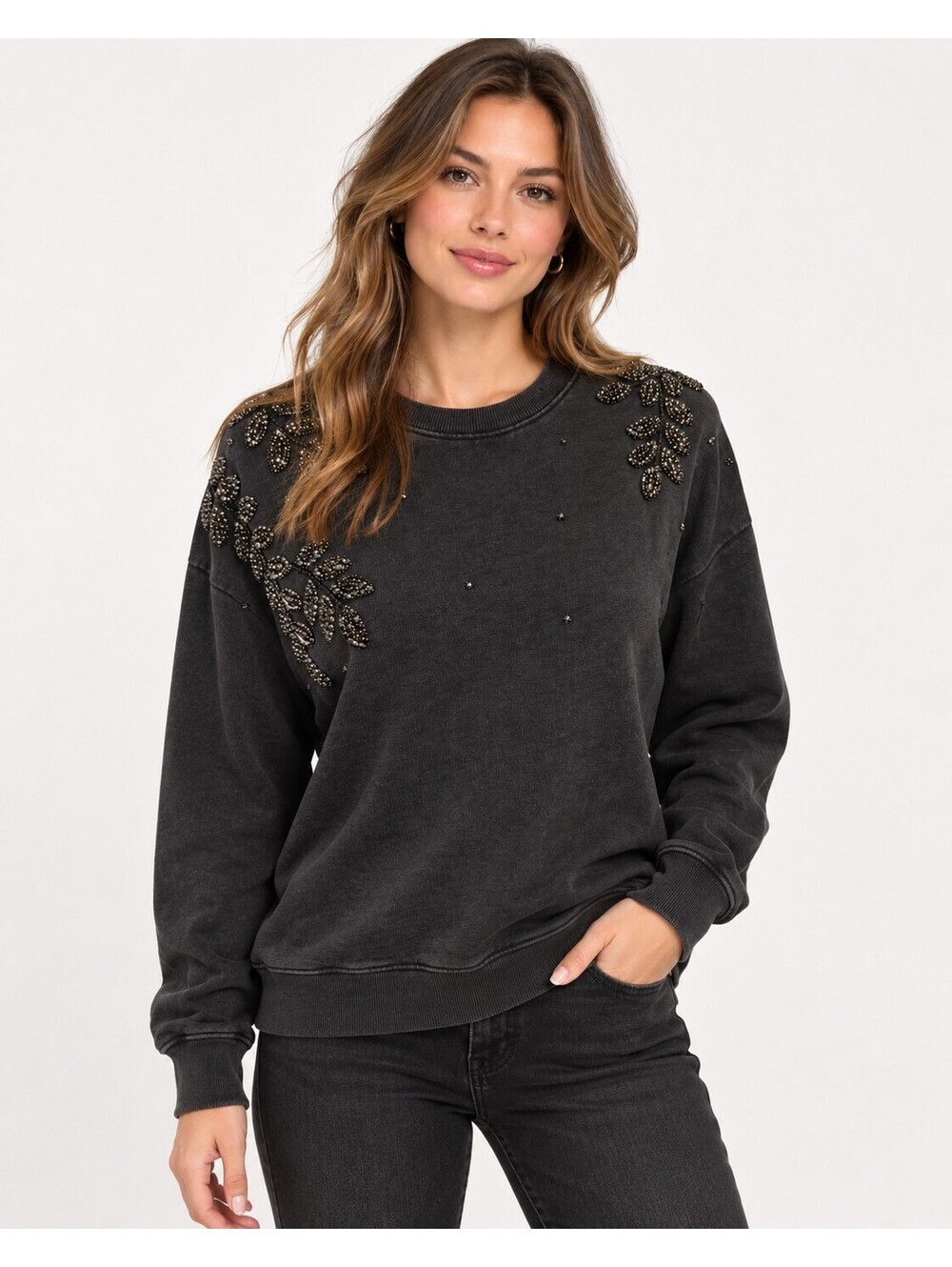 Johnny Was Jewel Beaded French Terry Cotton Sweatshirt Washed Charcoal Grey XS